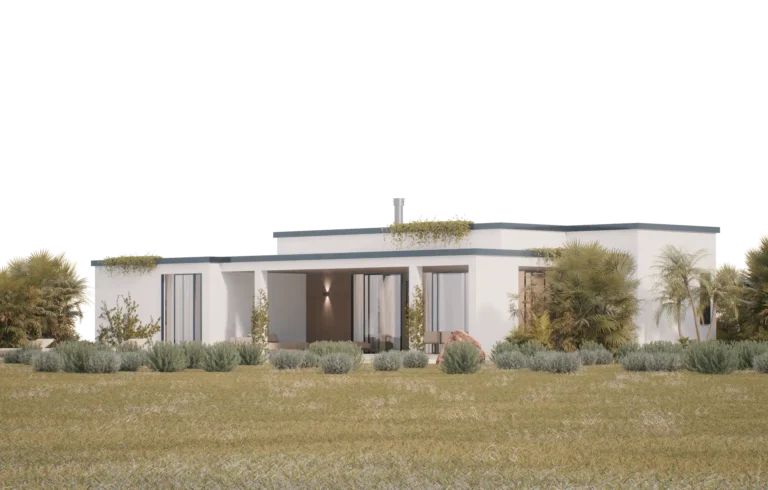 Luxurious modern villa with white façade and landscaped garden, perfect for elegant living.