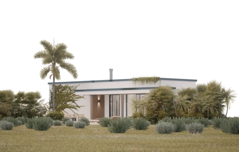Modern minimalist villa with lush greenery and palm trees, showcasing contemporary architecture by Atelier Roy Chaaya.