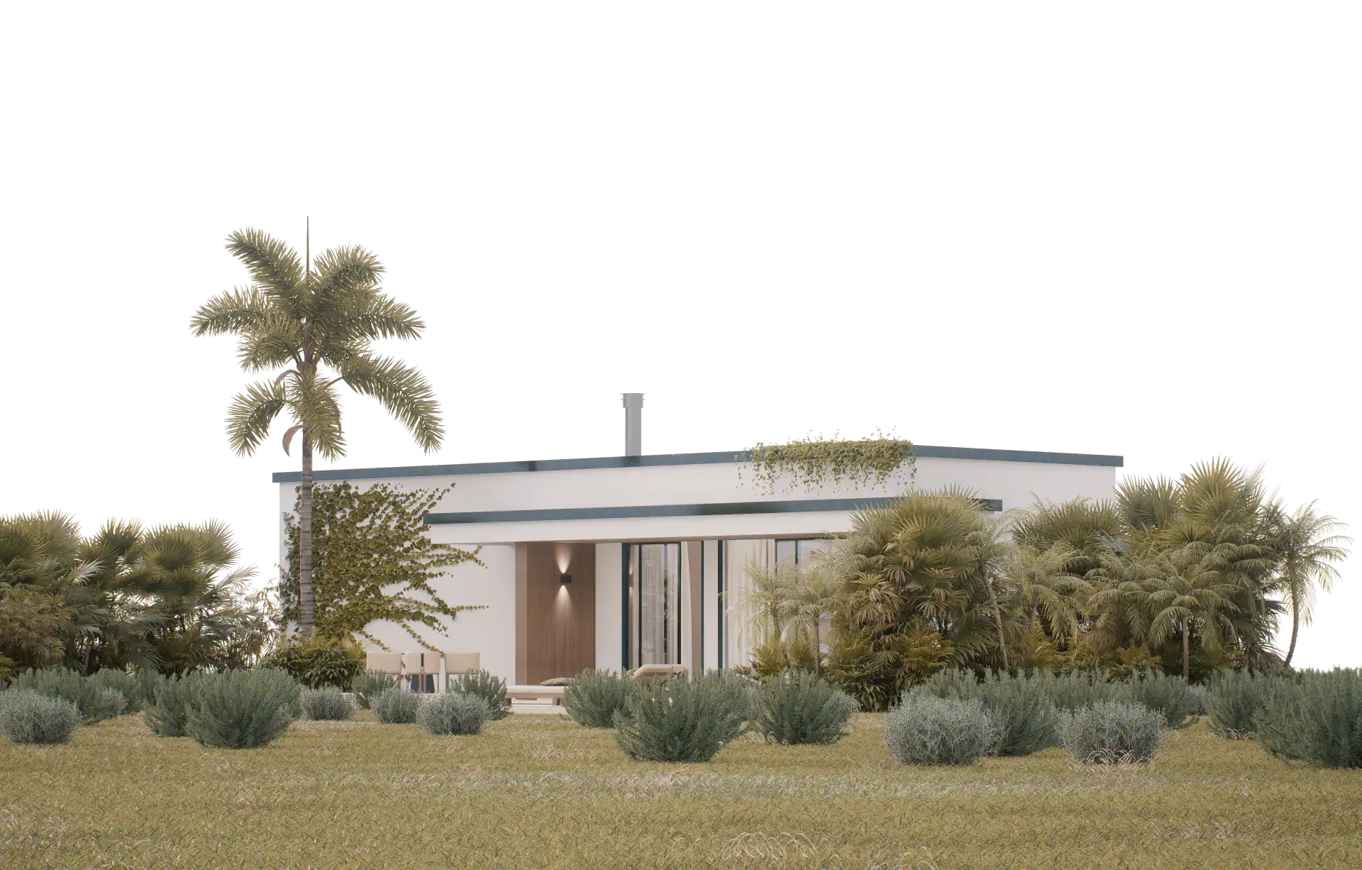 Modern minimalist villa with lush greenery and palm trees, showcasing contemporary architecture by Atelier Roy Chaaya.