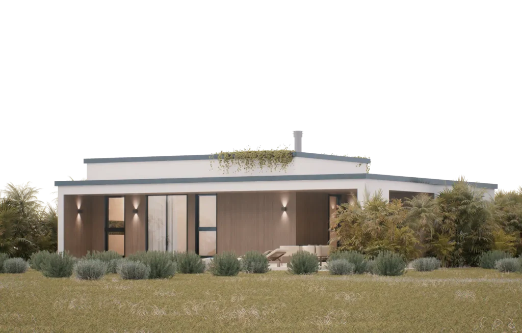 Modular fast-build housing system - Modern minimalist villa with clean lines, large glass windows, and lush landscaping, designed by Atelier Roy Chaaya.