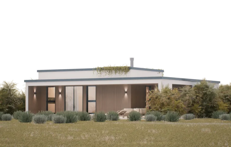 Modern minimalist villa with clean lines, large glass windows, and lush landscaping, designed by Atelier Roy Chaaya.