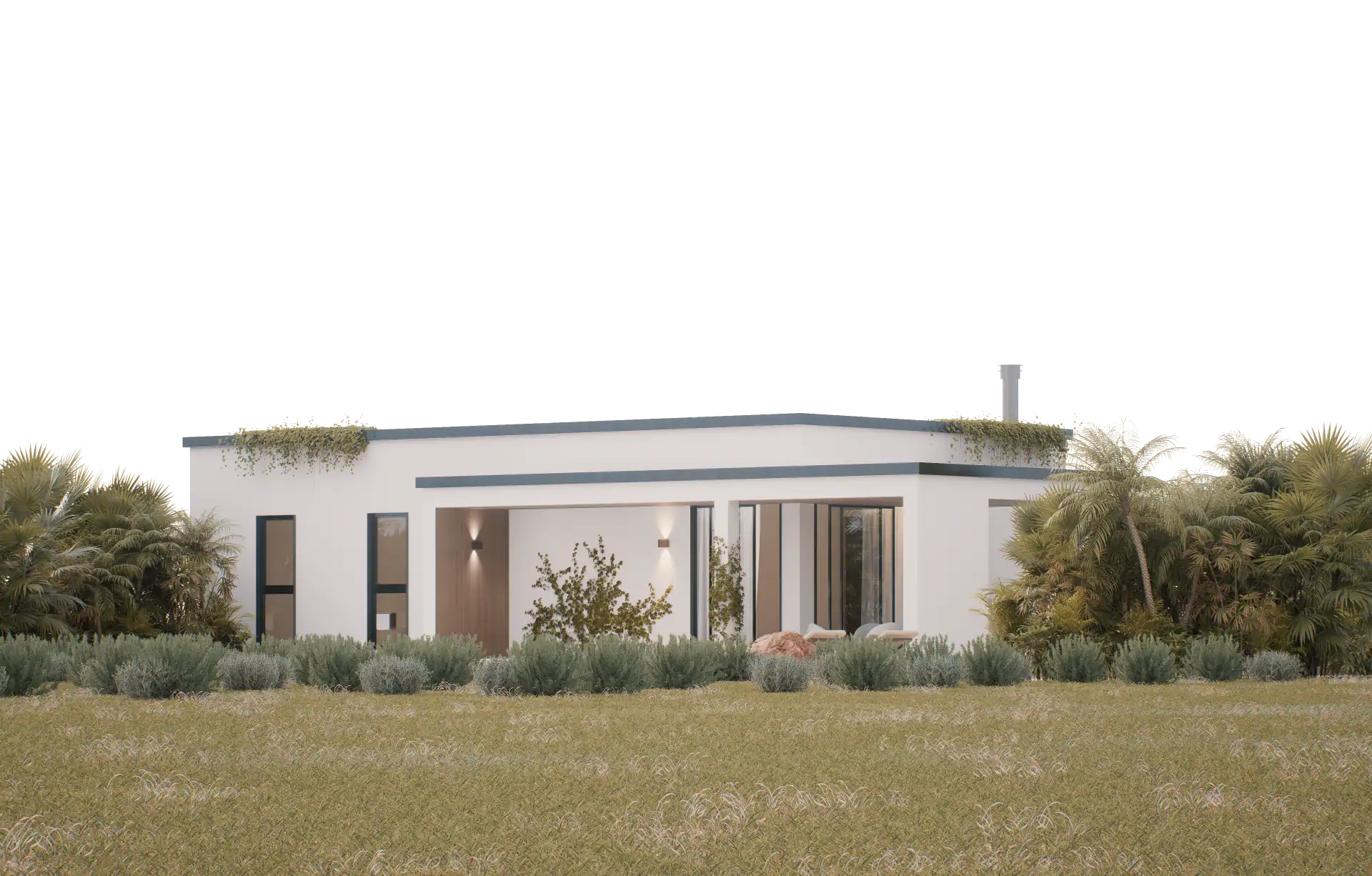 Elegant modern architecture design with lush greenery for luxury residential villa.