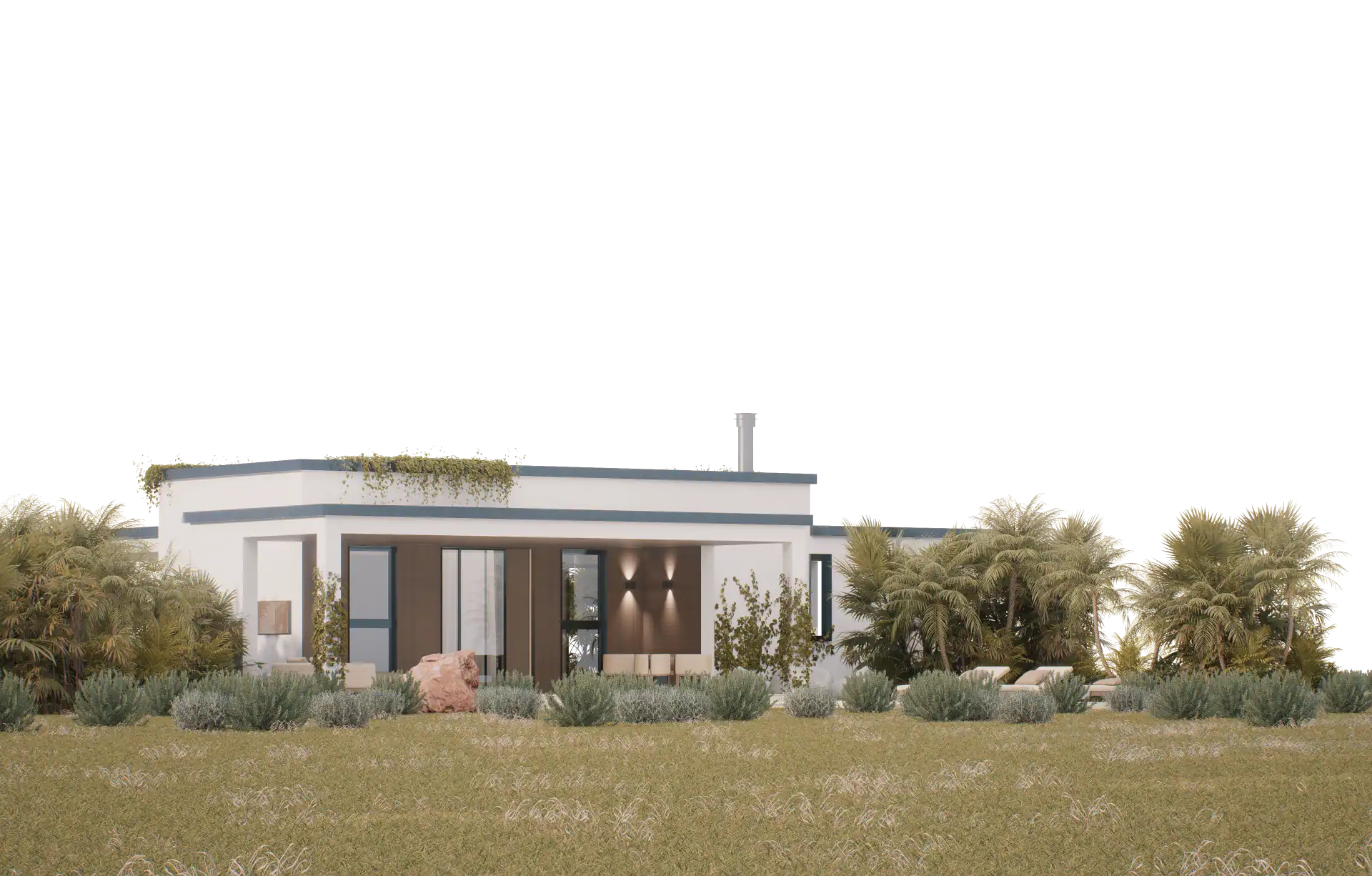 Modern minimalist villa with lush garden, outdoor seating, and contemporary design elements.