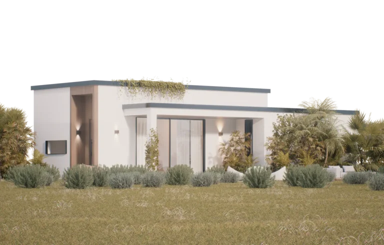 Modern minimalist house exterior with lush landscaping, ideal for luxury home design SEO.