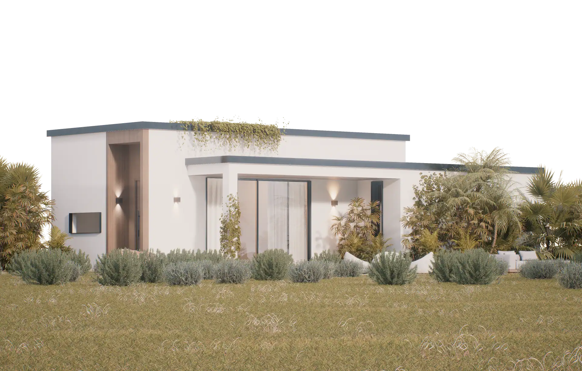 Modular fast-build housing system exterior with lush landscaping, ideal for luxury home design.
