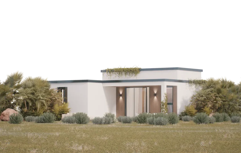 Stylish modern house with minimalist design and lush landscaping at Atelier Roy Chaaya.