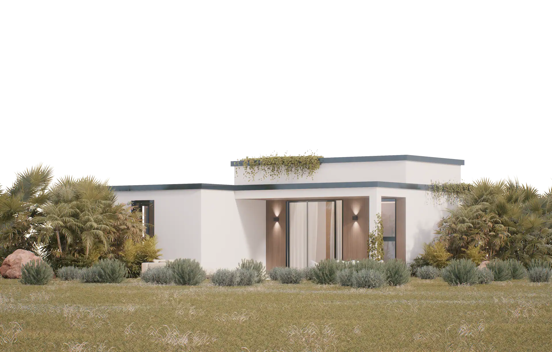 Stylish modern house with minimalist design and lush landscaping at Atelier Roy Chaaya.