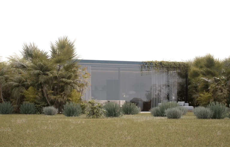 Contemporary modern pavilion with lush garden at Atelier Roy Chaaya in Dubai.