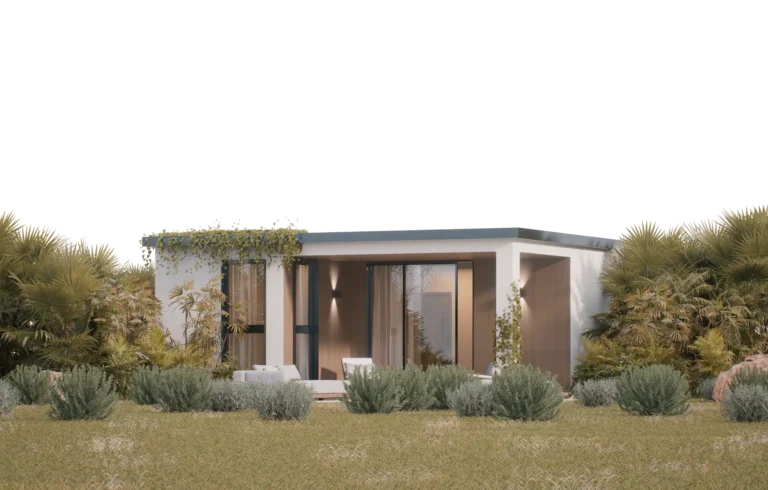 Elegant modern house with lush greenery and contemporary design in a serene landscape.