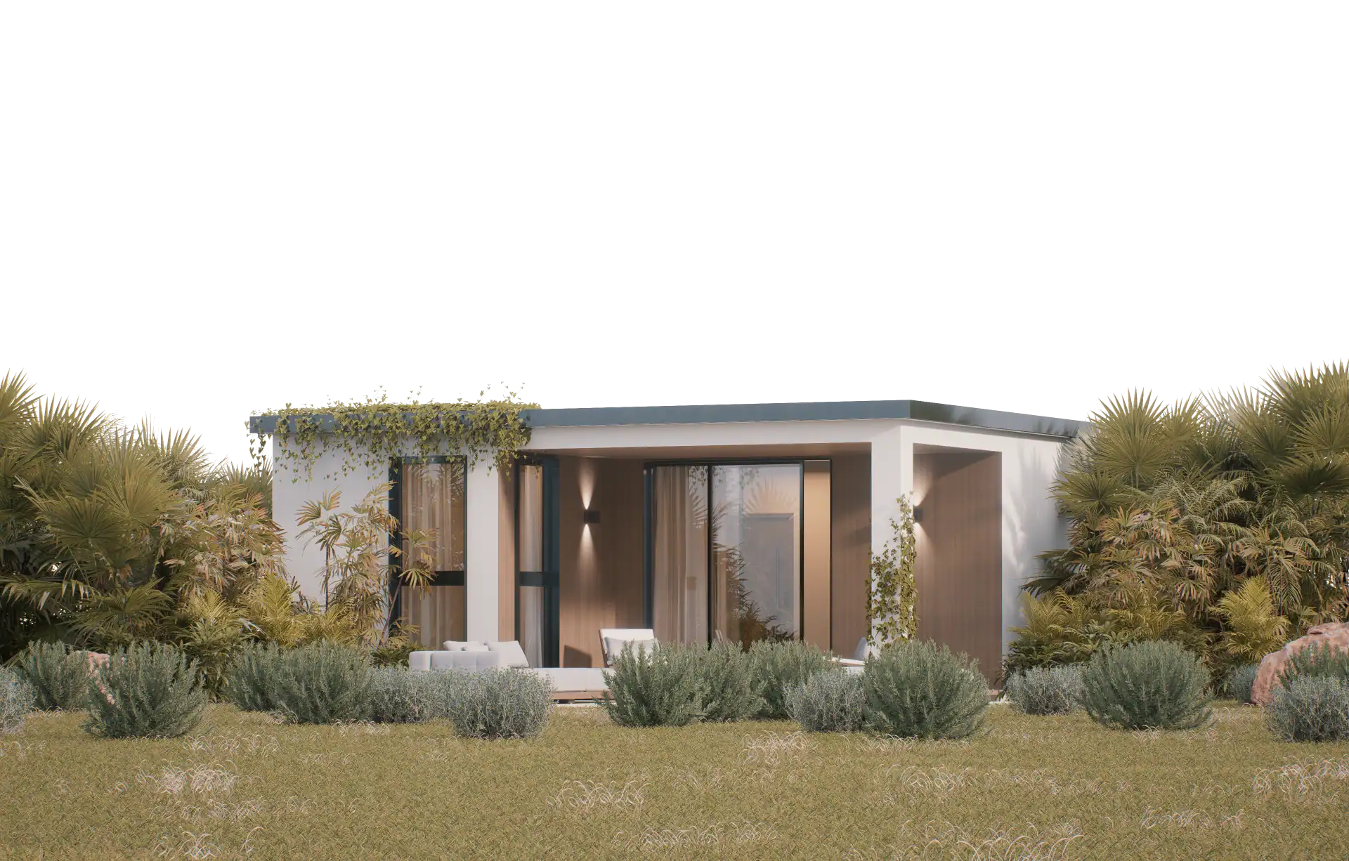 Elegant modern house with lush greenery and contemporary design in a serene landscape.