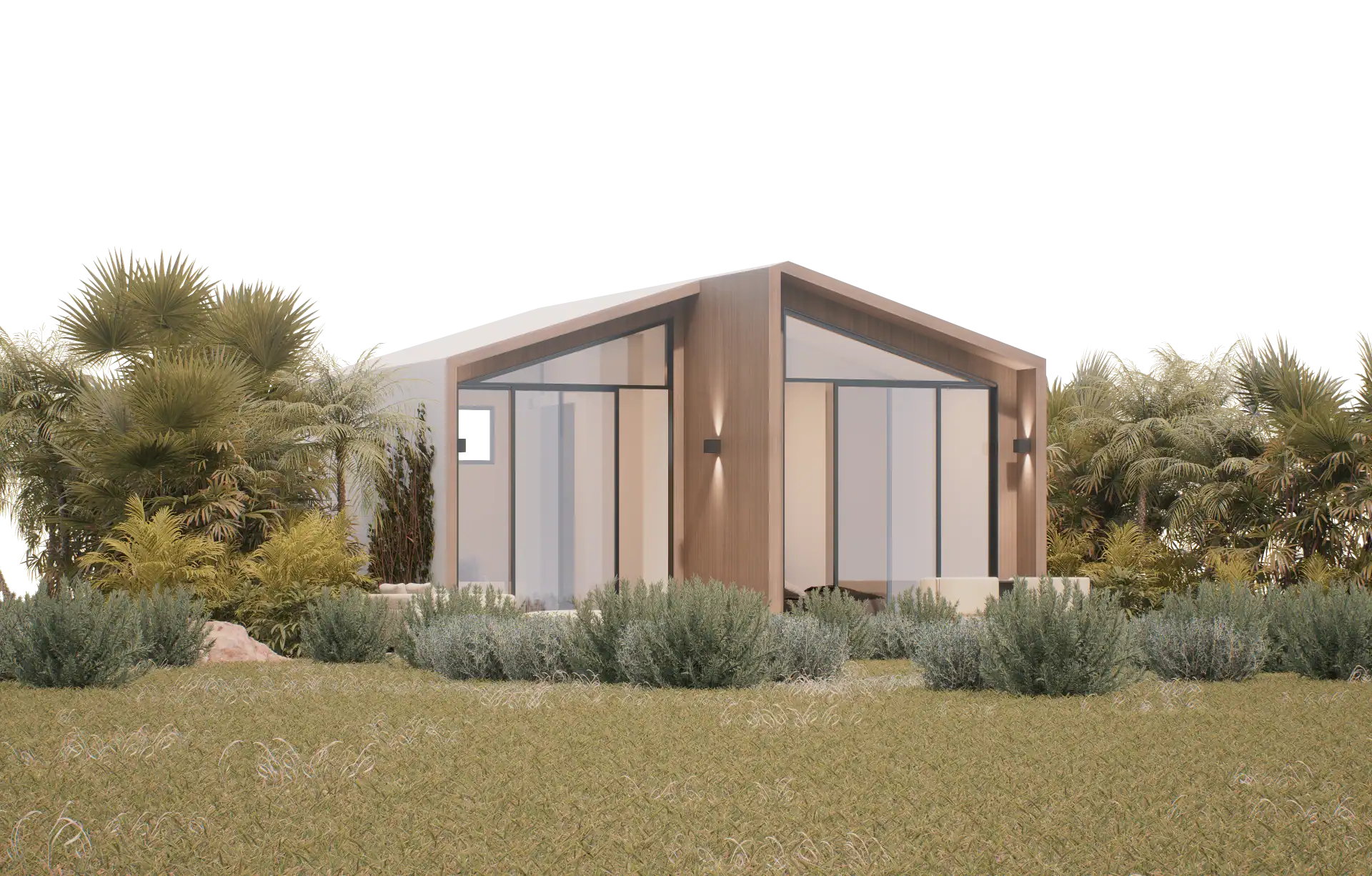 Contemporary modern house with glass walls and lush greenery, designed by Atelier Roy Chaaya.