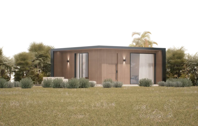 Contemporary modern house with wooden exterior and large glass windows.