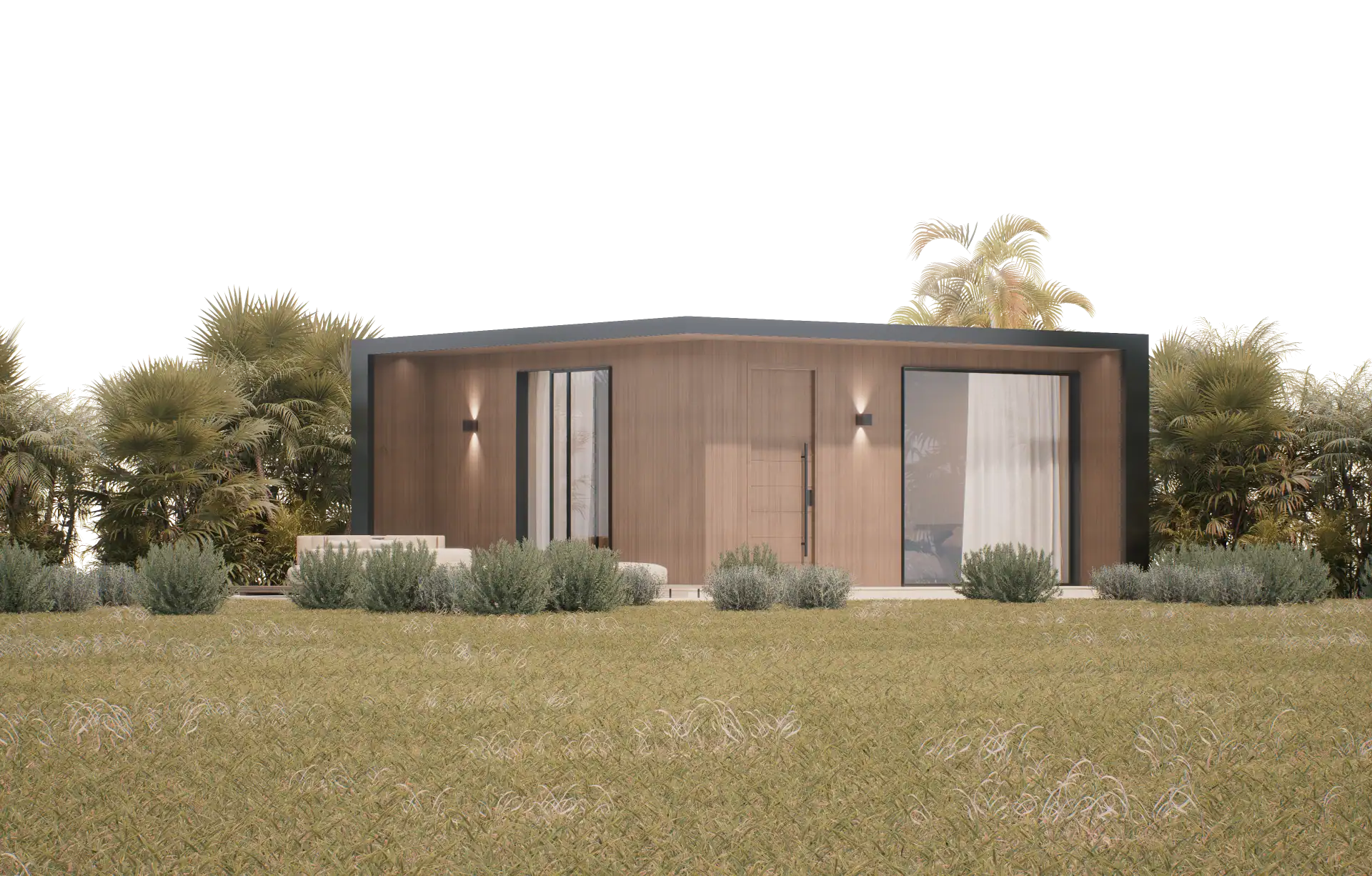 Contemporary modern house with wooden exterior and large glass windows.